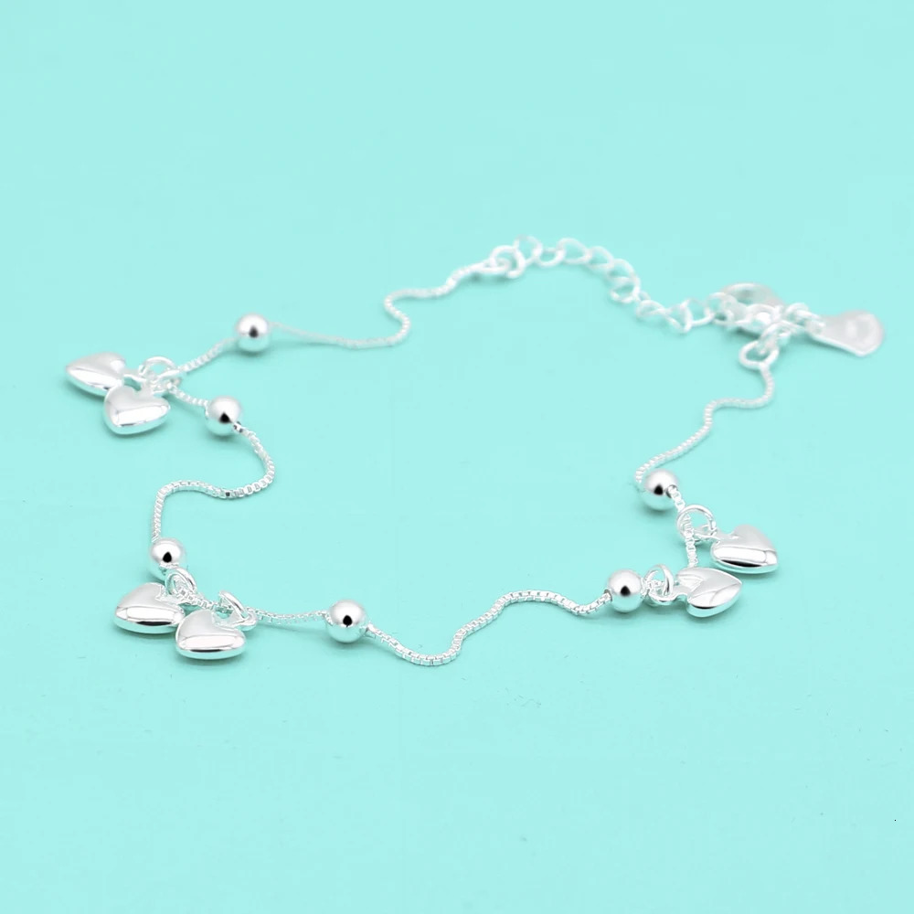 100% 925 sterling silver heart-shaped anklet pendant bead anklet summer beach anklet bracelet 241107