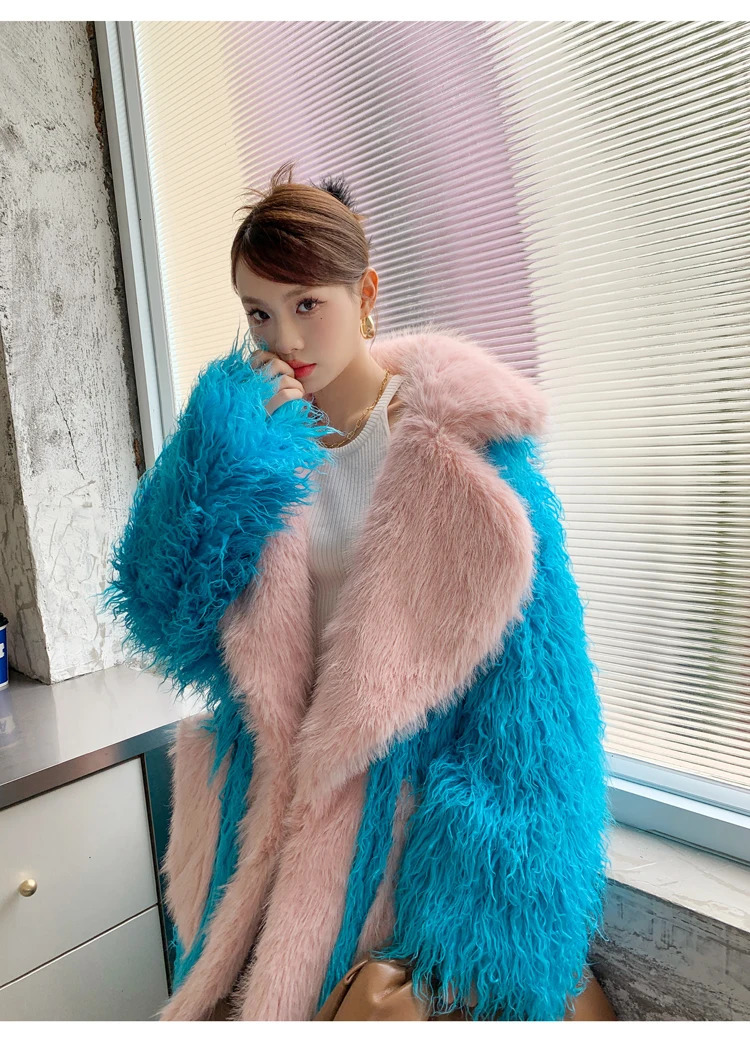 Light blue faux fur coat for women fashionable personalized street wear fur collar long jacket winter womens coat performance clothing 241107
