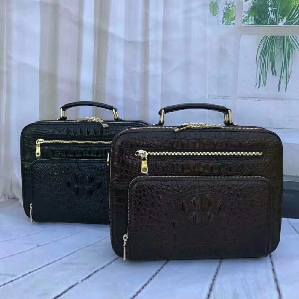 2018 new 100% genuine real crocodile leather head skin men shoulder cross body bag with top handle zippers closure brown black