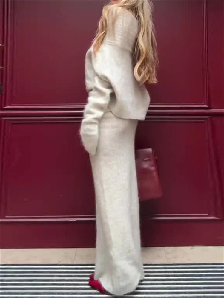 Tossy Knitted Skirt 2 Piece Set Womens One-Shoulder Long Sleeves Sweater Pullover Elegant Slim Fit Long Skirt Suit Autumn 241107