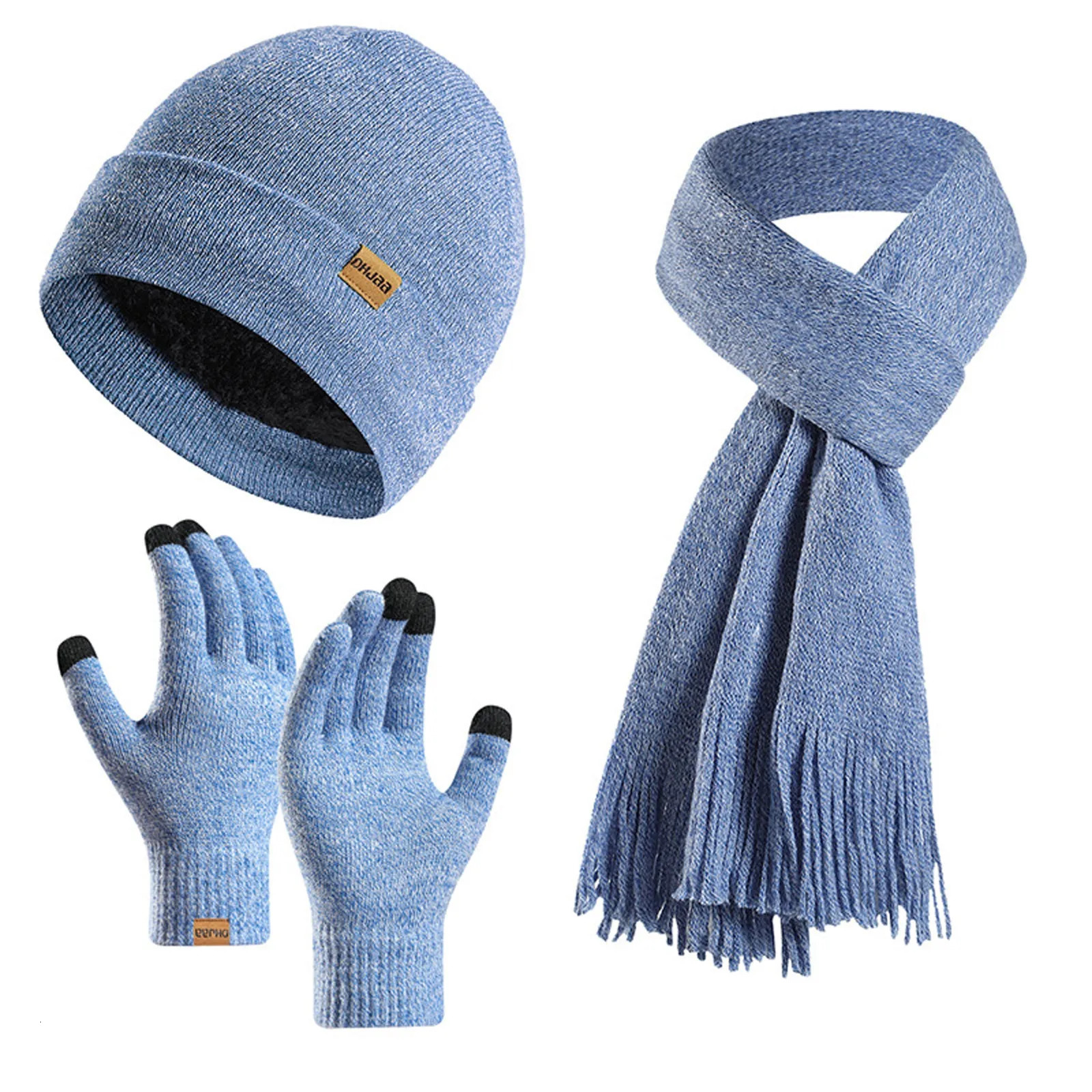 Autumn and winter three piece warm wool and velvet knitted windproof hat scarf gloves neutral wool three piece set 241107