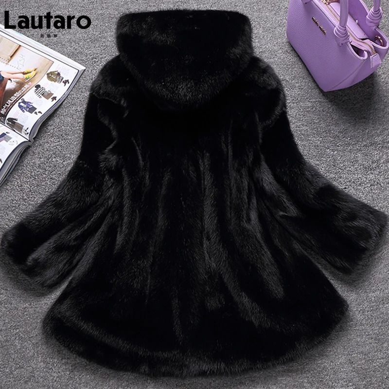 Lautaro Winter Black Warm Thick Fur Soft Artificial Mink Coat Womens Elegant Fluffy Jacket with Hood 4xl 5xl 6xl 7xl 241107