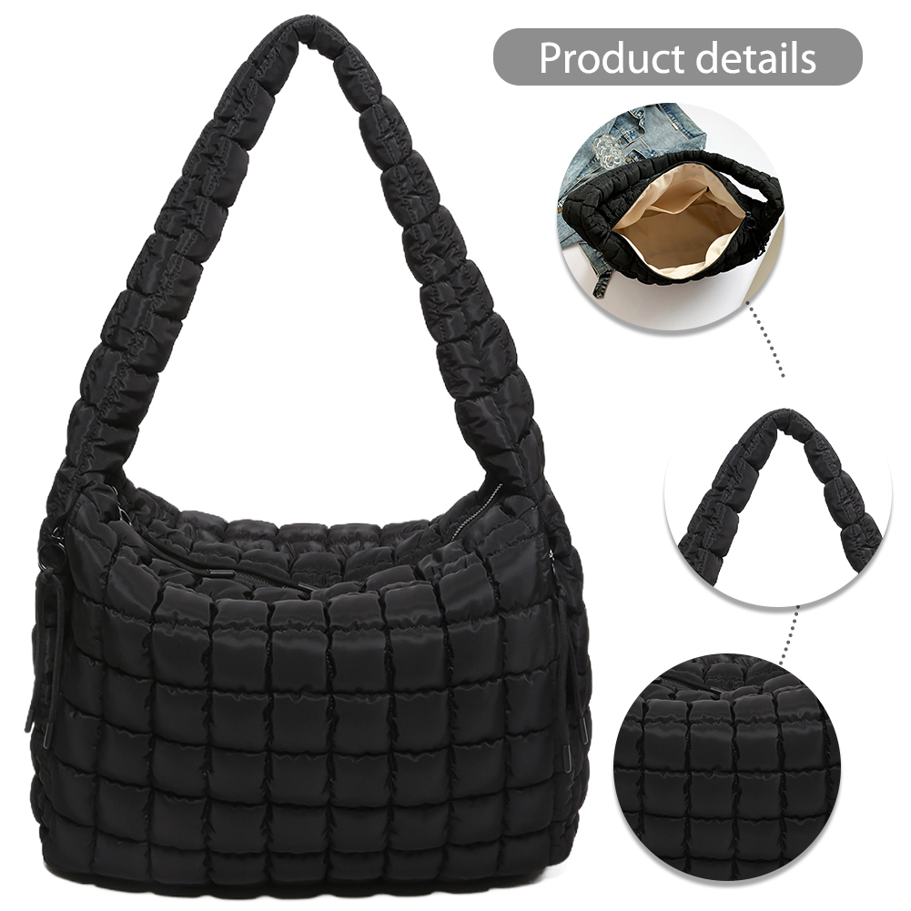 Women Puffer Shoulder Bag Fashion Bubble Bag Large Capacity Puffy Shoulder Bag Solid Color Zip Closure for Outdoor Travel