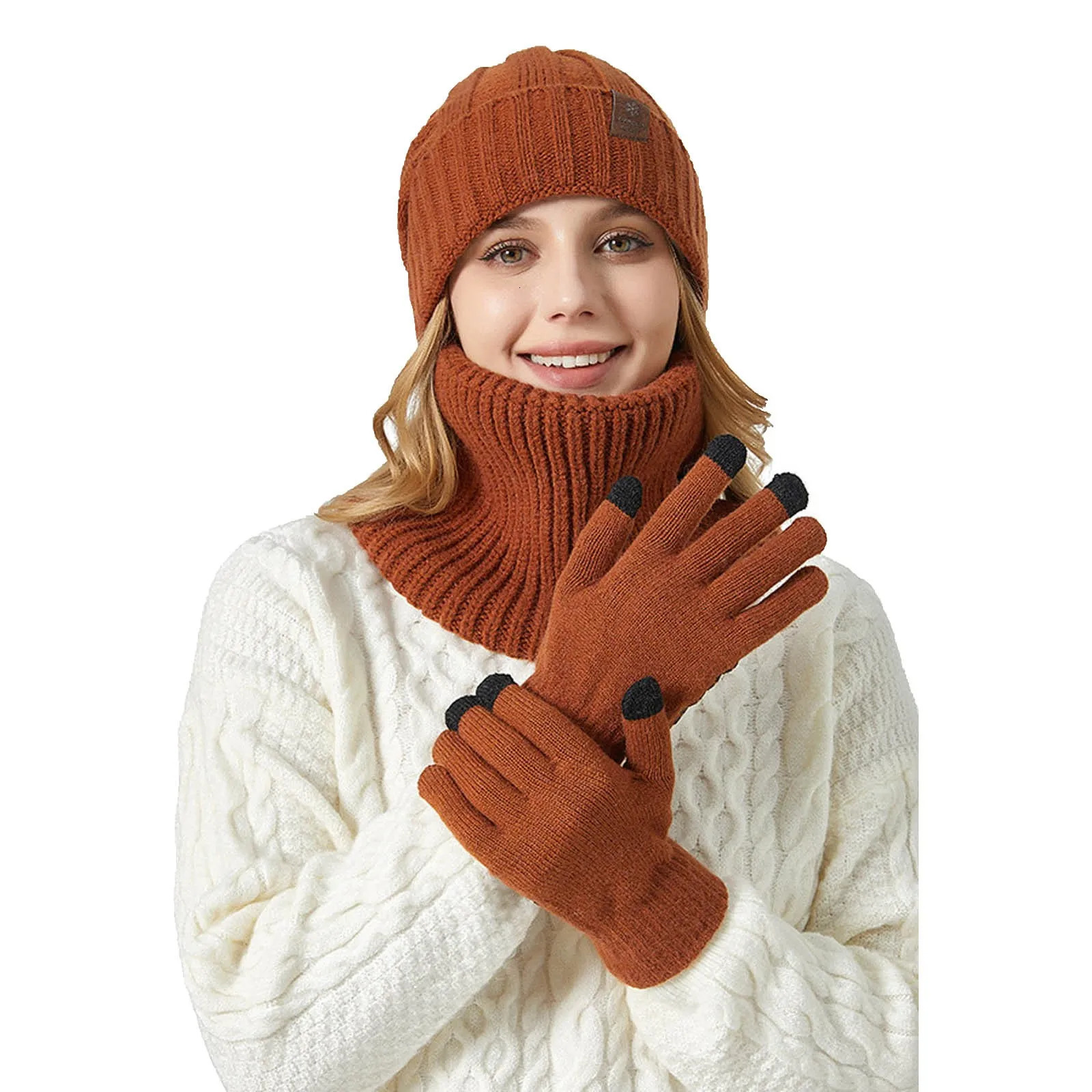 Fashion Beanie hat scarf and gloves three piece set for womens warm knitted hat winter thick solid mens scarf hat set 241107
