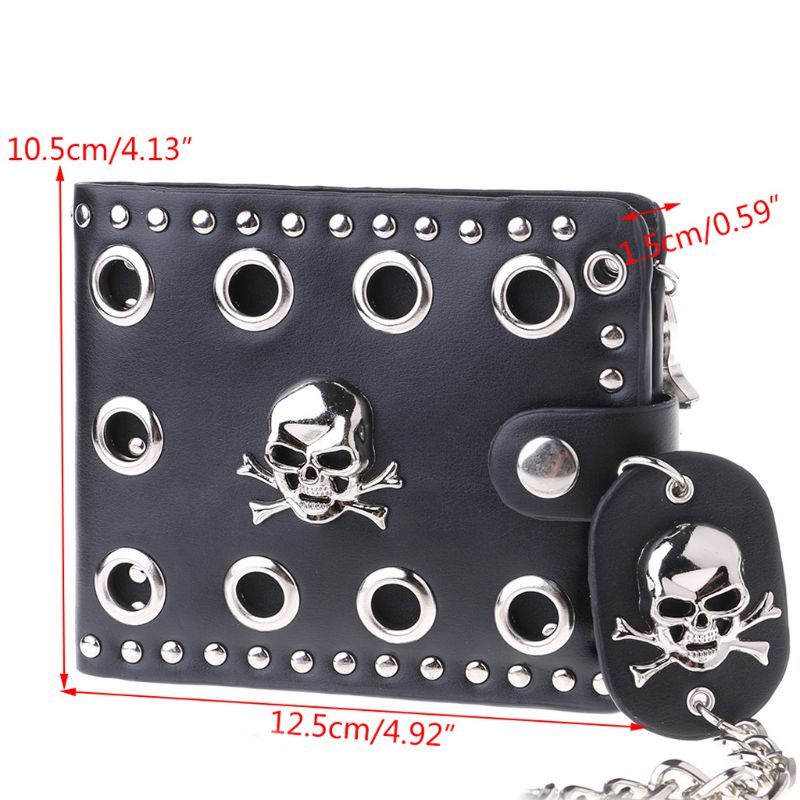 Leather Cool Punk Gothic Western Skull Clutch Purse Wallets With Chain For Men