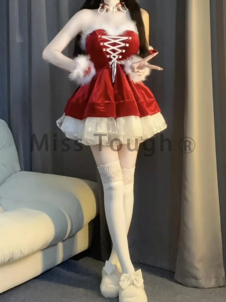 Winter French Fashion Sweet Christmas Dress Women Sense Lace Patchwork Lace Waist Red Dresses Sexy Retro Clothes 2024 241107