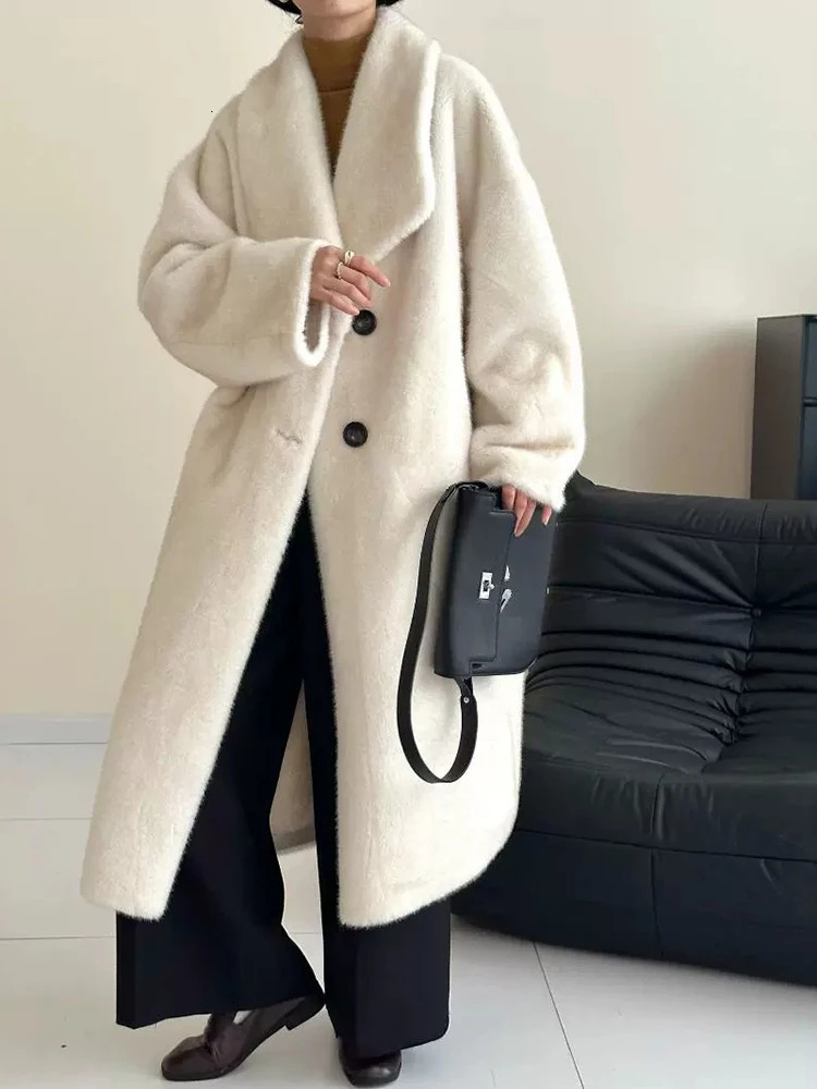 Lanmrem elegant mink coat womens lapel single chest solid color long coat winter clothing 2Z2628 241107