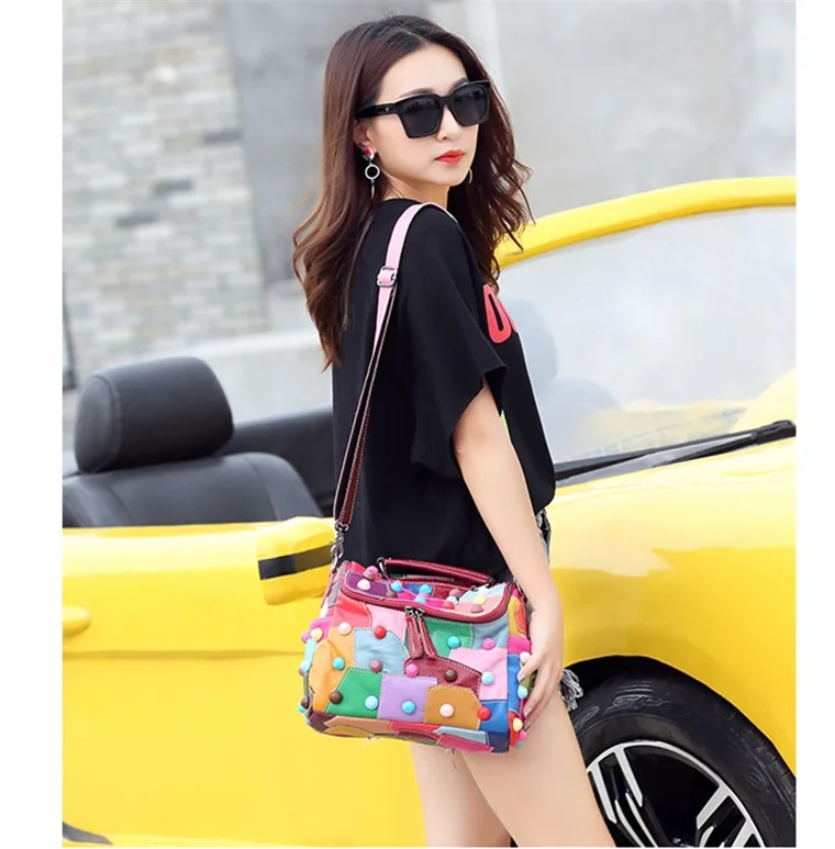 Women's Message Bag Soft Leather Girls Patchwork Multicolor Street Travel Shoulder Bags