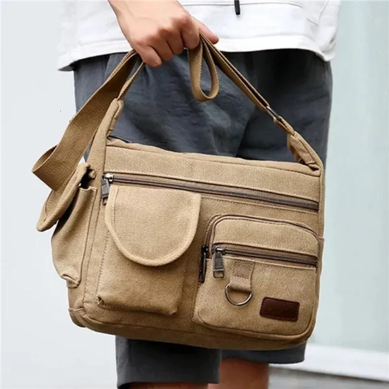 Mens Fashion Canvas Shoulder Bag Large Capacity Multilayer Messenger Student Travel Casual 241106