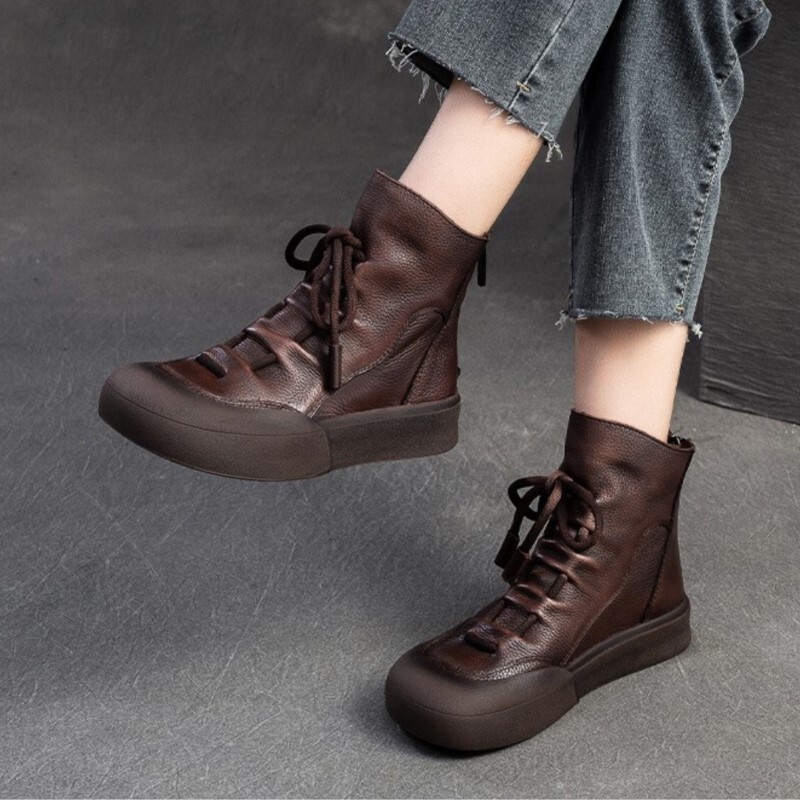 Johnature Handmade Retro Short Boots 2024 Autumn/Winter New Thick Soled Versatile Commuting Comfortable Women's Flat Shoes
