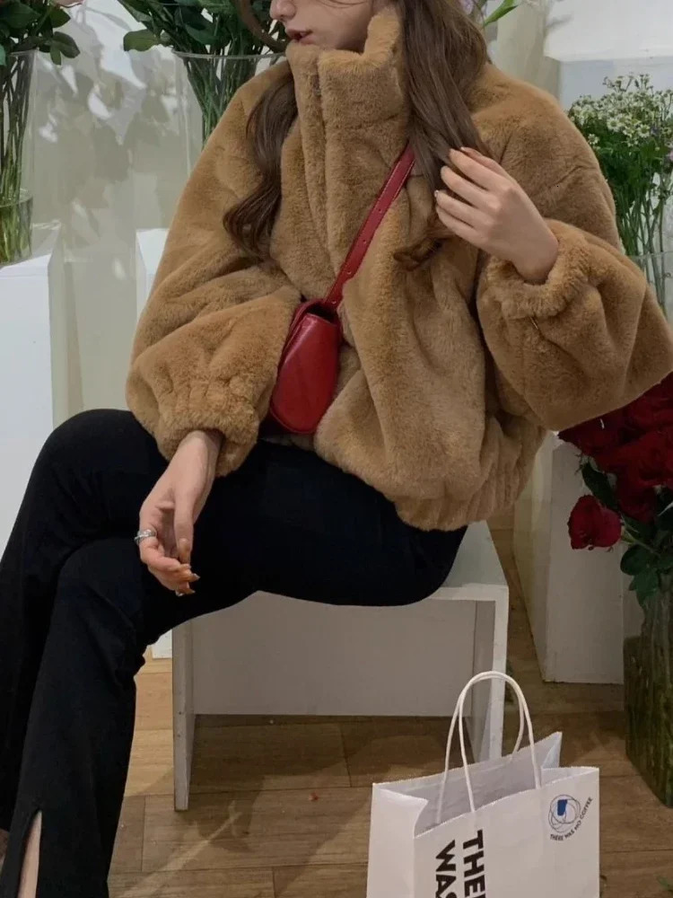 2024 Winter Warm Faux Fur Coat Women Korean Fashion Casual Zipper Faux Lamb Coat Autumn Streetwear Vintage Brown Outerwear 241107
