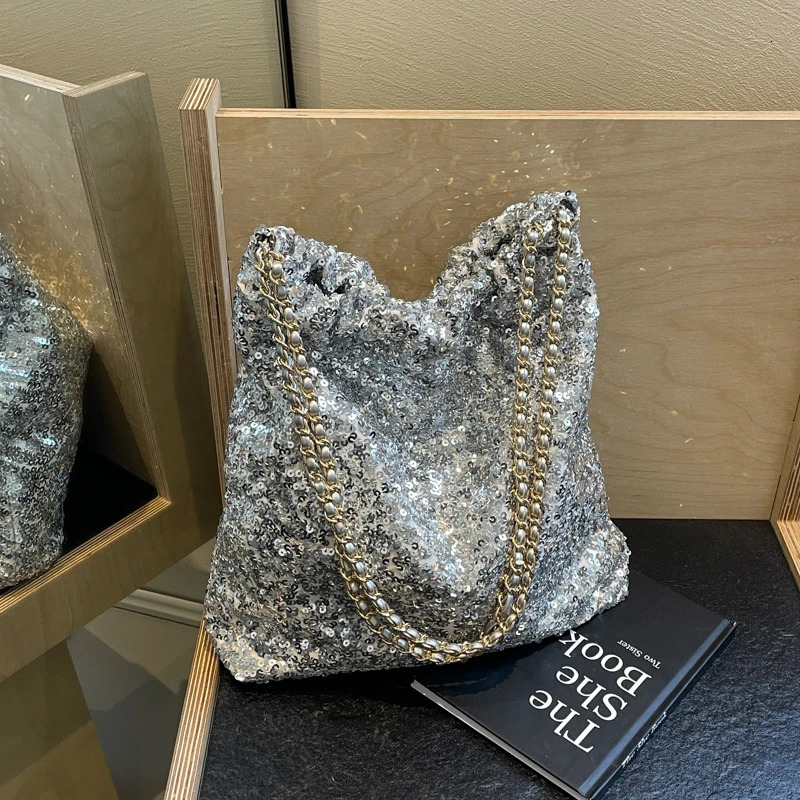 PU sequin chain shoulder bag buckle solid fashionable womens bag high-quality soft Versatile high-capacity womens bag 241106