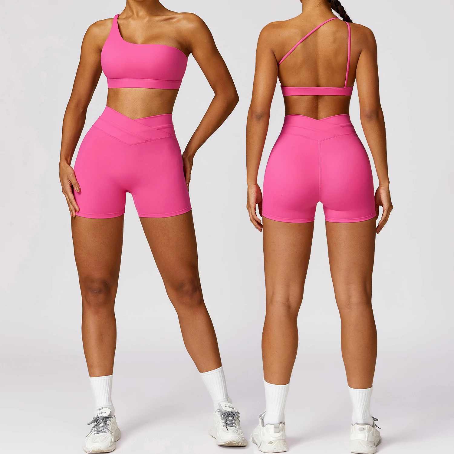 2 Piece Yoga Sets Quick Dry Woman Outfit Shorts One Shoulder Bras Sport Suit for Women Sportswear Fitness Gym Workout 240402