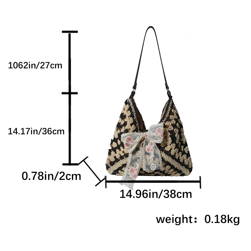 Women Straw Woven Tote Bag Simple Shopping Bag Large Capacity Summer Crochet Shoulder Bag with Bow Patchwork for Outdoor Travel