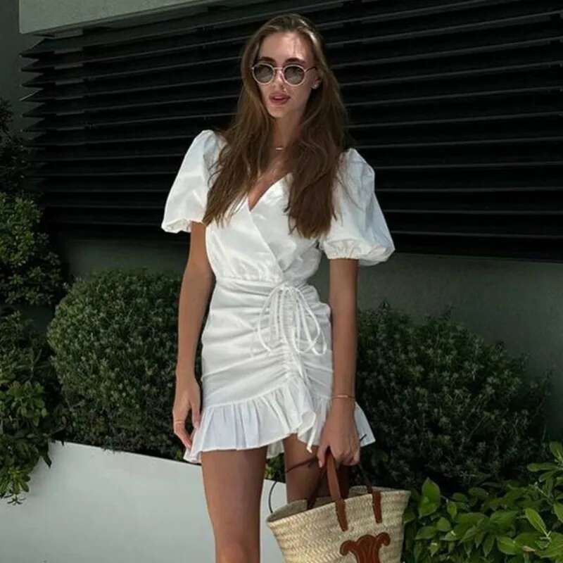 Talenza Ruffle High Waist Mini Women's Sexy V-Neck Puff Sleeve Drawstring Pleated Elegant Solid Party A-E Dress