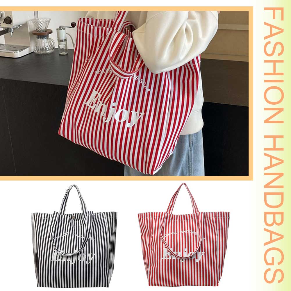 Striped Canvas Casual Tote Bag Lightweight Satchel Purse Soft Shoulder Purse Weekender Beach Bag for Women