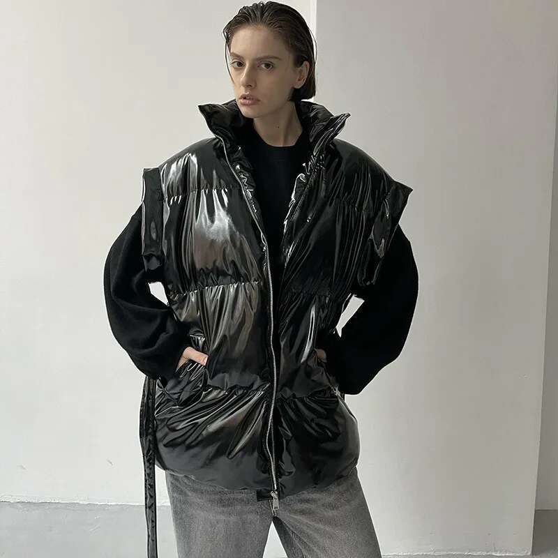 Talenza Women's Winter Glossy Zipper Belt Vest Casual Sleeveless Warm Lapel Down Cotton Jacket Female