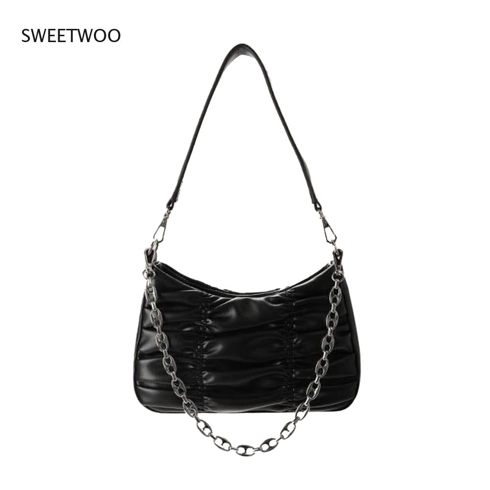 Fashion Solid Color Shoulder Underarm Bag Pleated Pu Leather Vintage Square Bag Street Travel Chain Money Handbags Totes 2021