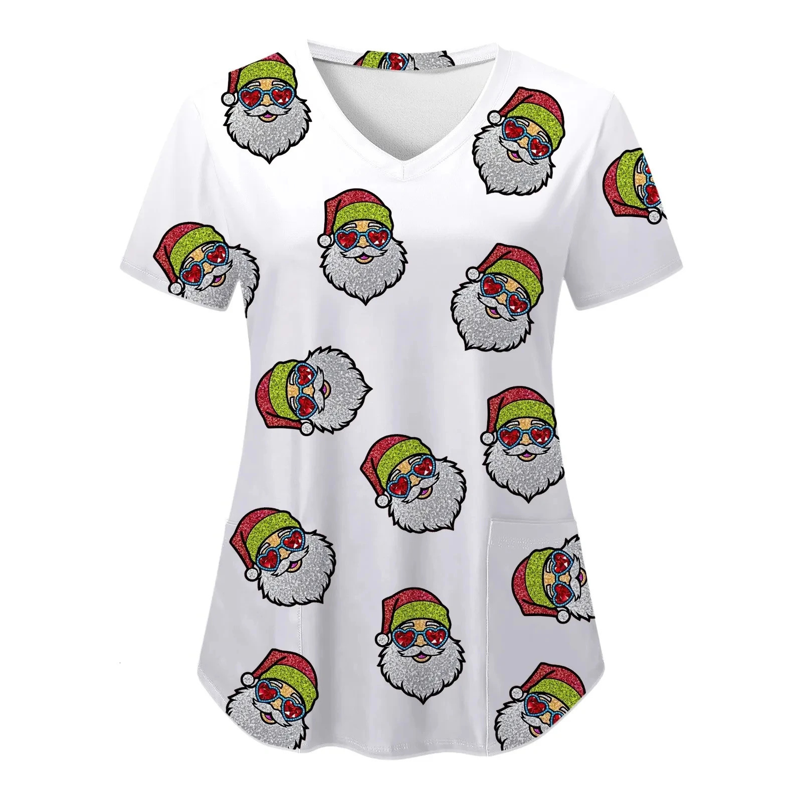 Christmas Clinical Uniform Woman Santa Claus Cartoon Print Dental Scrub Tops VNeck Short Sleeve with Pocket Nurse 241029