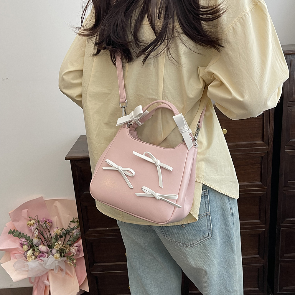 Sweet Bow Shoulder Bag PU Leather Aesthetic Crossbody Bag Contrast Color Trendy Tote Bag with Adjustable Strap Top Handle Bag
