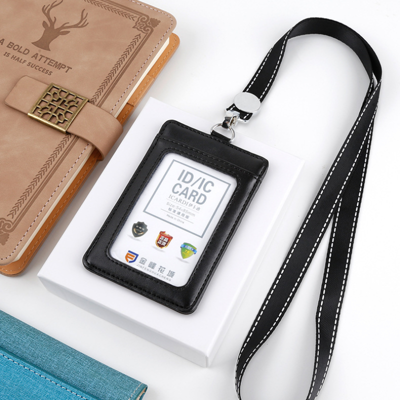 Employee's Pass Access Bus Card Cover Case Badge Sleeve Holder Bag Leather ID Name Badge Holder Credit Card Bag with Lanyard