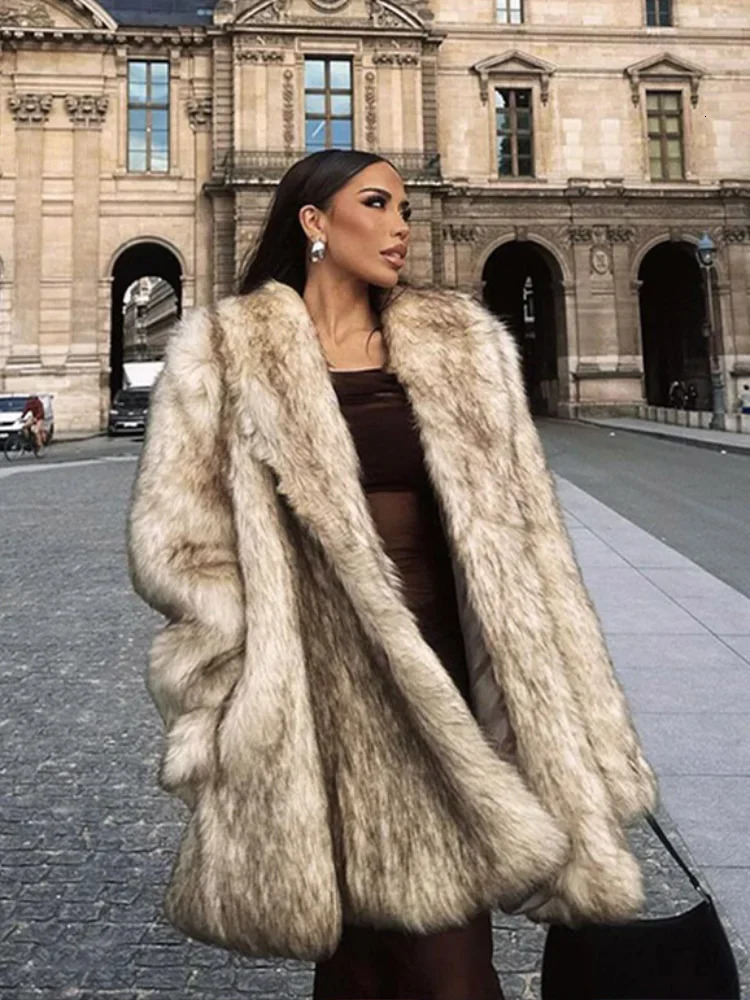 Winter Fluffy Lapel Womens Faux Fur Coats Elegant Lapel Long Sleeve Thick Warm Jackets 2024 Thick Warm Lady Street Outerwears 241107