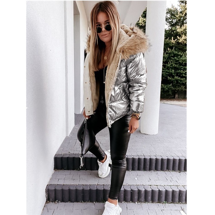 Punk Women Winter Red Down Cotton Jacket Fashion Glossy Black Big Hooded Thick Shiny Loose Big Fur Warm Parkas Lady Coat 201126