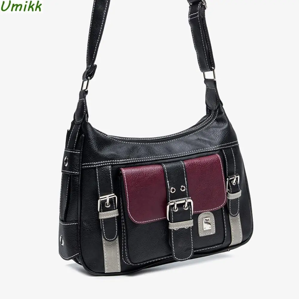 Women Vintage Messenger Bag Y2K PU Leather Contrast Color Shoulder Bag Multi-Pocket Versatile Satchel Girl Quality Crossbody Bag
