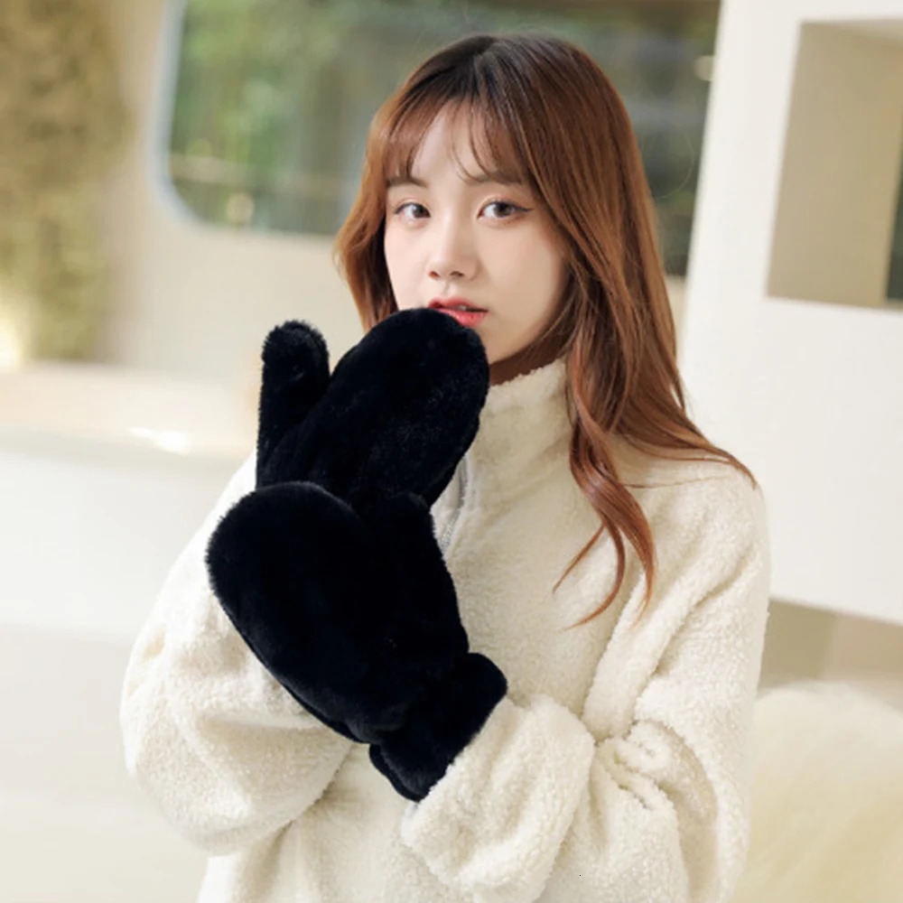 Korean Womens Winter Solid Color Plush Fluffy Warm Gloves Thick Windproof Refrigeration Gloves Edition 241107