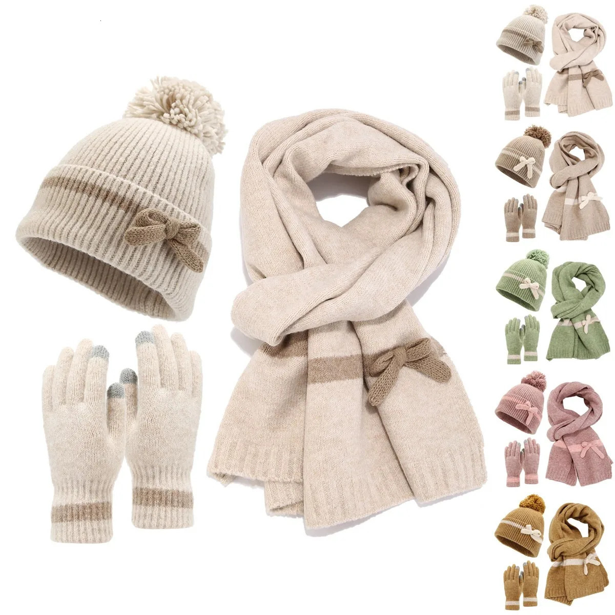 Womens Butterfly Hat Scarf Glove 3-Piece Set Womens Outdoor Warm Scarf Hat Winter Womens Plush Puff Bean Hat Glove Set 241107