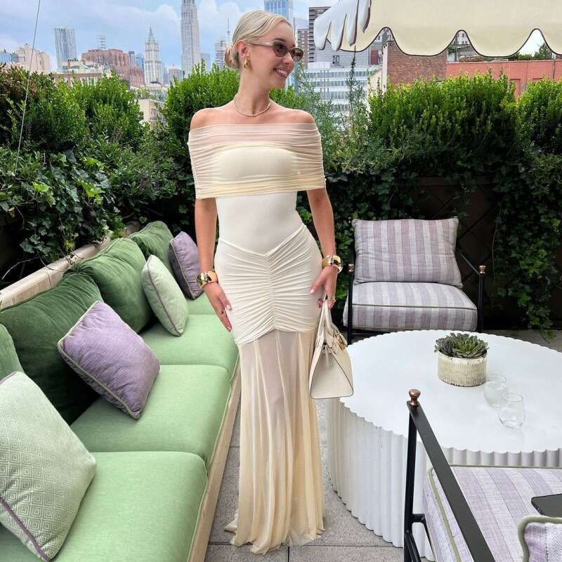 Talenza Mesh Patchwork One Shoulder Long Women's Sexy Sleeveless Pleated Slim Party Elegant Solid Evening Dress Fall