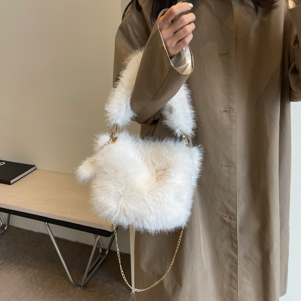 Women Fluffy Tote Bag Versatile Fuzzy Satchel Bag Fashion Chain Crossbody Bag Casual with Pom Poms Fall Winter Shopper Bag