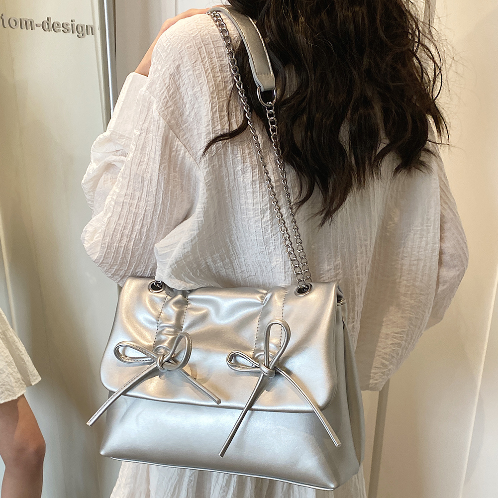 Bow Tie Shoulder Bag with Chain Strap PU Leather Y2K Purse Flap Satchel Purse with Hasp Closure Underarm Bag for Women and Girls