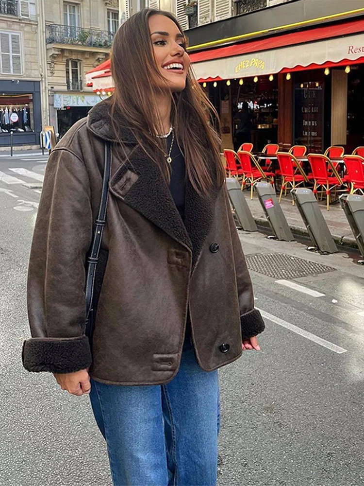 Retro Plush PU Leather Coat Womens Casual Warm Collar Single Chest Cotton Jacket Womens Winter Chic Street Brown Coat 241107