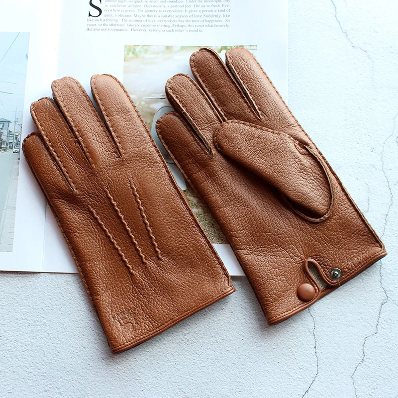 Winter driving leather deer gold gloves mens fashion wool lining autumn warm motorcycle driving finger gloves 241106