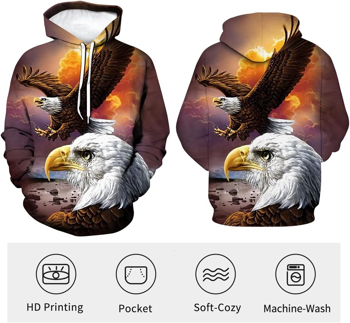 Hoodie for Mens Womens Mens Bald Eagle Hoodie Autumn Winter Long Sleeve Pullover Animal Theme Sweatshirt Realistic Graphic Hoodie Graphic