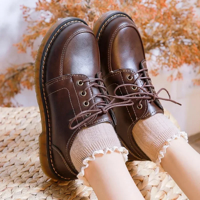 British style womens leather shoes retro brown preparatory JK uniform shoes college student casual shoes low boots lace shoelaces 241106