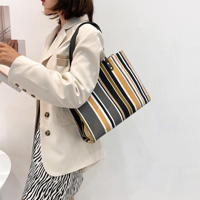 Fashion Large Capacity Canvas Striped Causal Handbag Tote Female Tote Bags Ladies Simple Canvas Purses Women Shoulder Bag