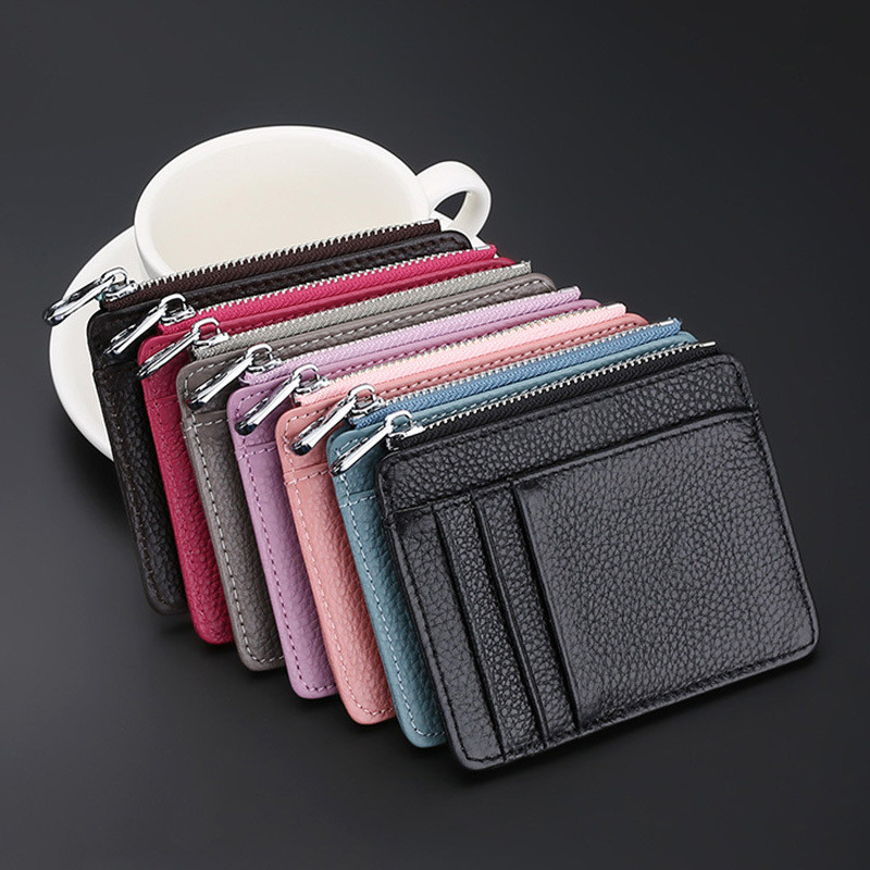 Ultra-Thin Slim Bank Credit ID Card Holder for Women Men Genuine Leather Mini Zipper Wallets Small Coin Purses Money Case Bag