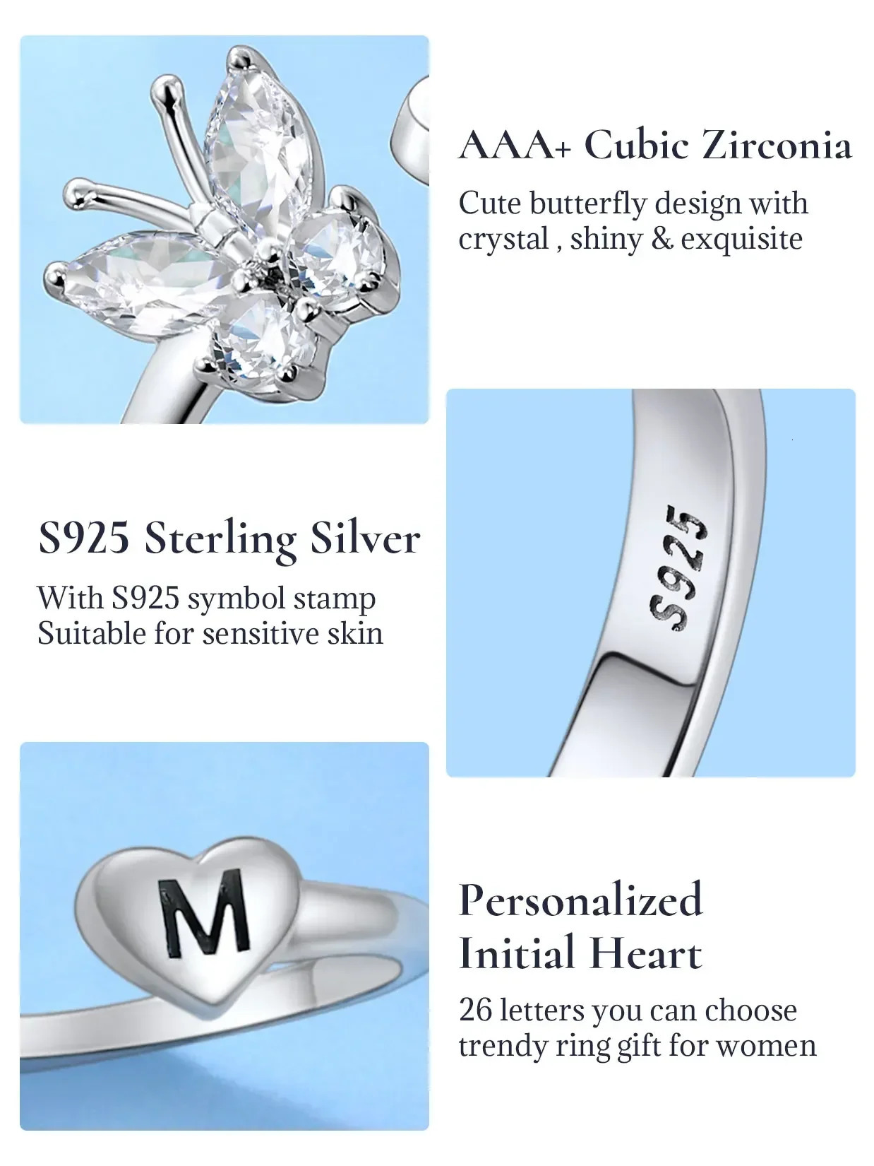U7 925 Silver White Cz Butterfly Ring Cuff Suitable for Women Deep Carving Original Alphabet Customized Anniversary Birthday Gift 241106