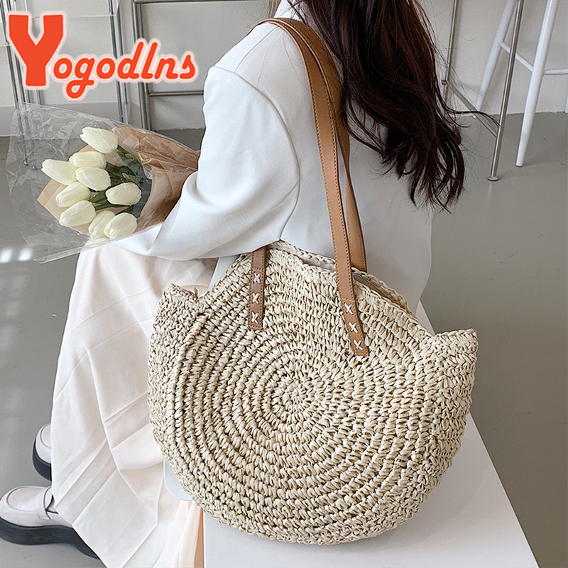 Yogodlns Women Large Capacity Round Straw Shoulder Bag Fashion Tassel Beach Handmade Weave Handbag Summer