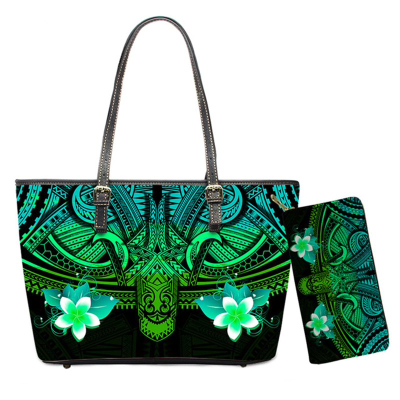 ELVISWORDS 2 Pcs/set Women Handbags Purses Ethnic Polynesian Tribes Printed Lady Leather Large Totes Wallet Fashion Shoulder Bag