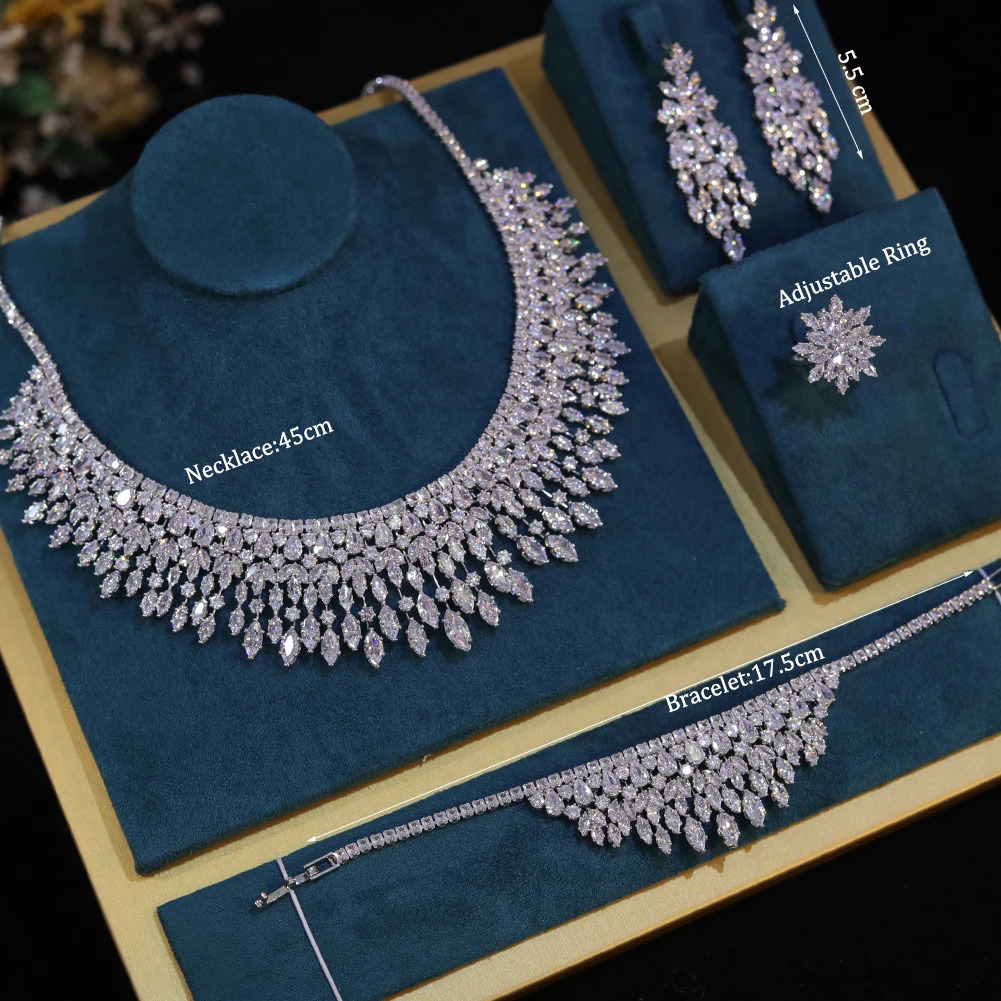 Fashionable white 5A CZ zirconia leaf earring necklace suitable for female brides wedding jewelry set Bijoux womens combination 241106