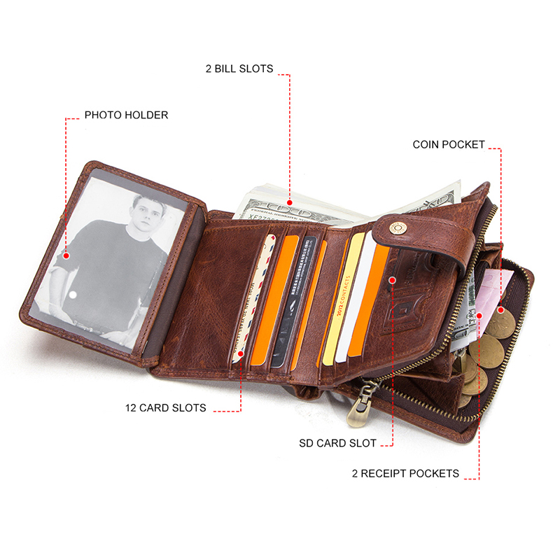 CONTACT'S Genuine Leather Wallets for Men Short Trifold Casual Men's Wallet Luxury Brand Zip Coin Purses Card Holders Money Clip