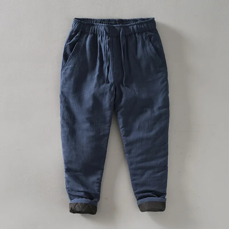 Autumn Winter Warm Thickened Ramie Cotton Trousers Men Oversize Straight Retro Loose Rope Casual Pants M4XL BL8233 241104