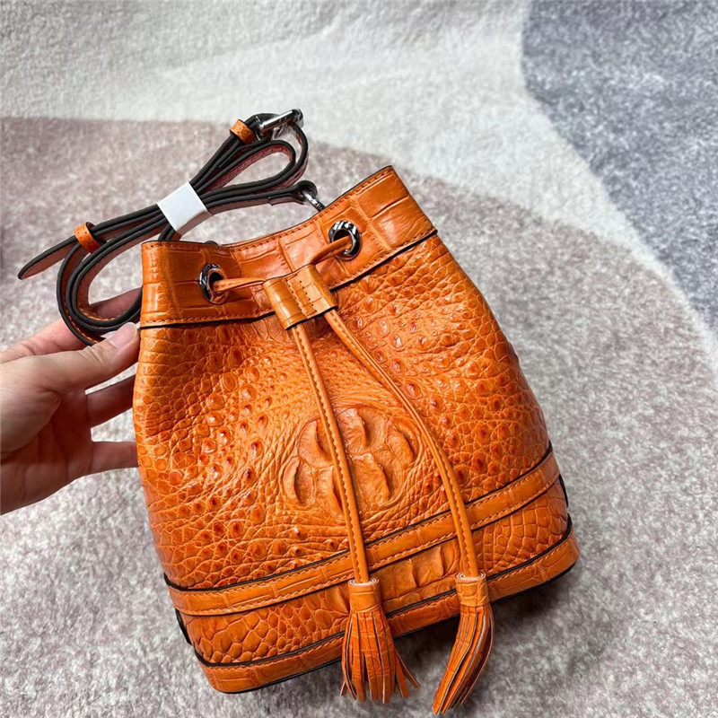 Authentic Alligator Leather Baby Blue Women Small Bucket Purse Genuine Crocodile Skin Lady Tassel Bag Female Cross Shoulder Bag