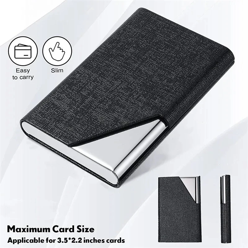 Business Card Holder with Magnetic PU Leather Stainless Steel Business Card Case ID Name Card Case for Men Women Office