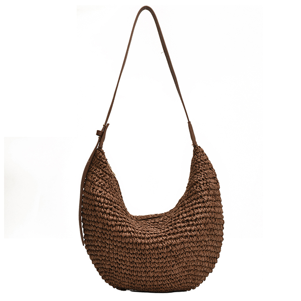 Women Straw Woven Half Moon Bag Handwoven Shoulder Bag Zipper Closure Weaving Shoulder Bag Adjustable Strap for Travel Shopping