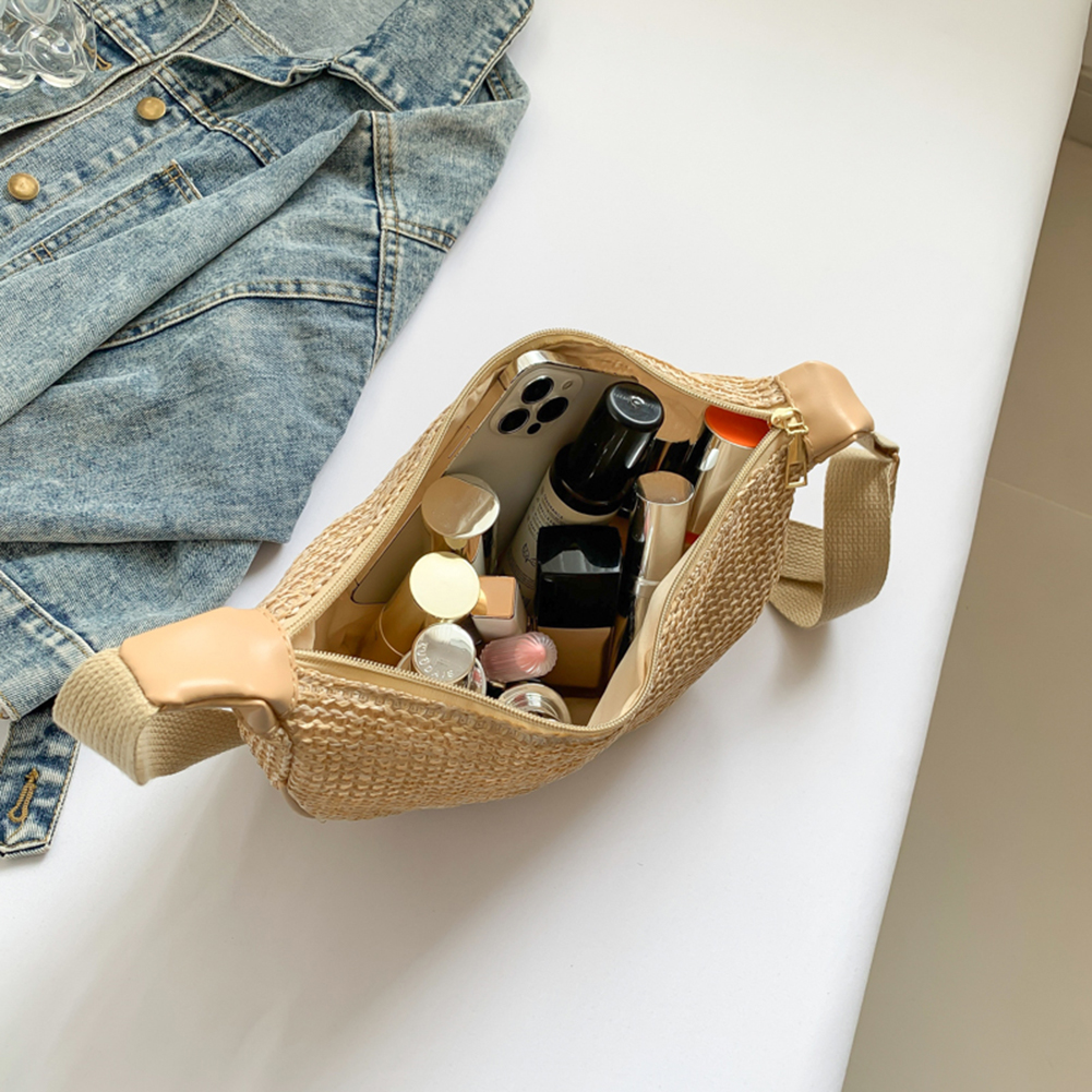 Women Straw Woven Dumpling Bag Large Capacity Shoulder Bag Adjustable Strap Crescent Crossbody Bag Casual for Party Vacation