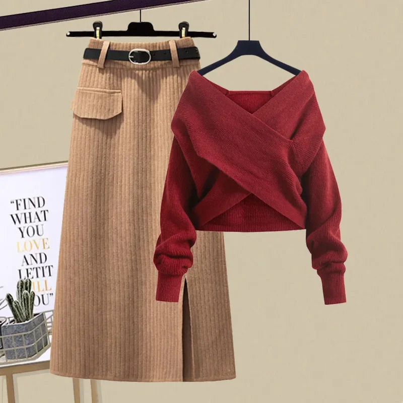 Plus Size Womens Winter Knitwear 2024 Style Age-Reducing Cross Top Sweater Slimming Skirt 2-Piece Set 241107